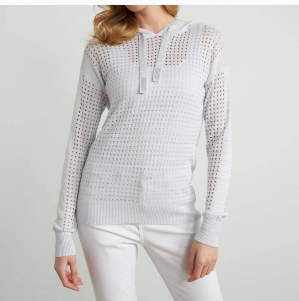 JOSEPH RIBKOFF Lurex Hoodie Gems Sparkle Open‎ Knit Ribbed Cuff Hem Size S/P